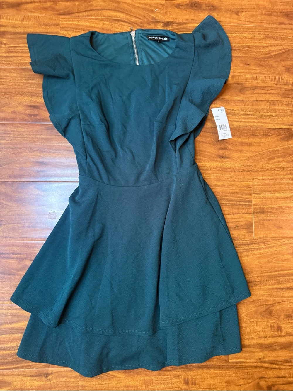 Midnight Doll Textured Green Ruffle Sleeve Mini Dress